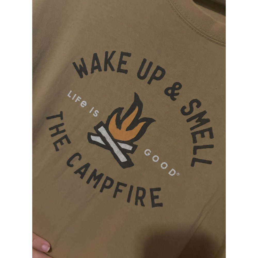 Life is Good Mens Large Crusher Tee Long Sleeve Wake Up & Smell The Campfire Tan - Picture 3 of 5